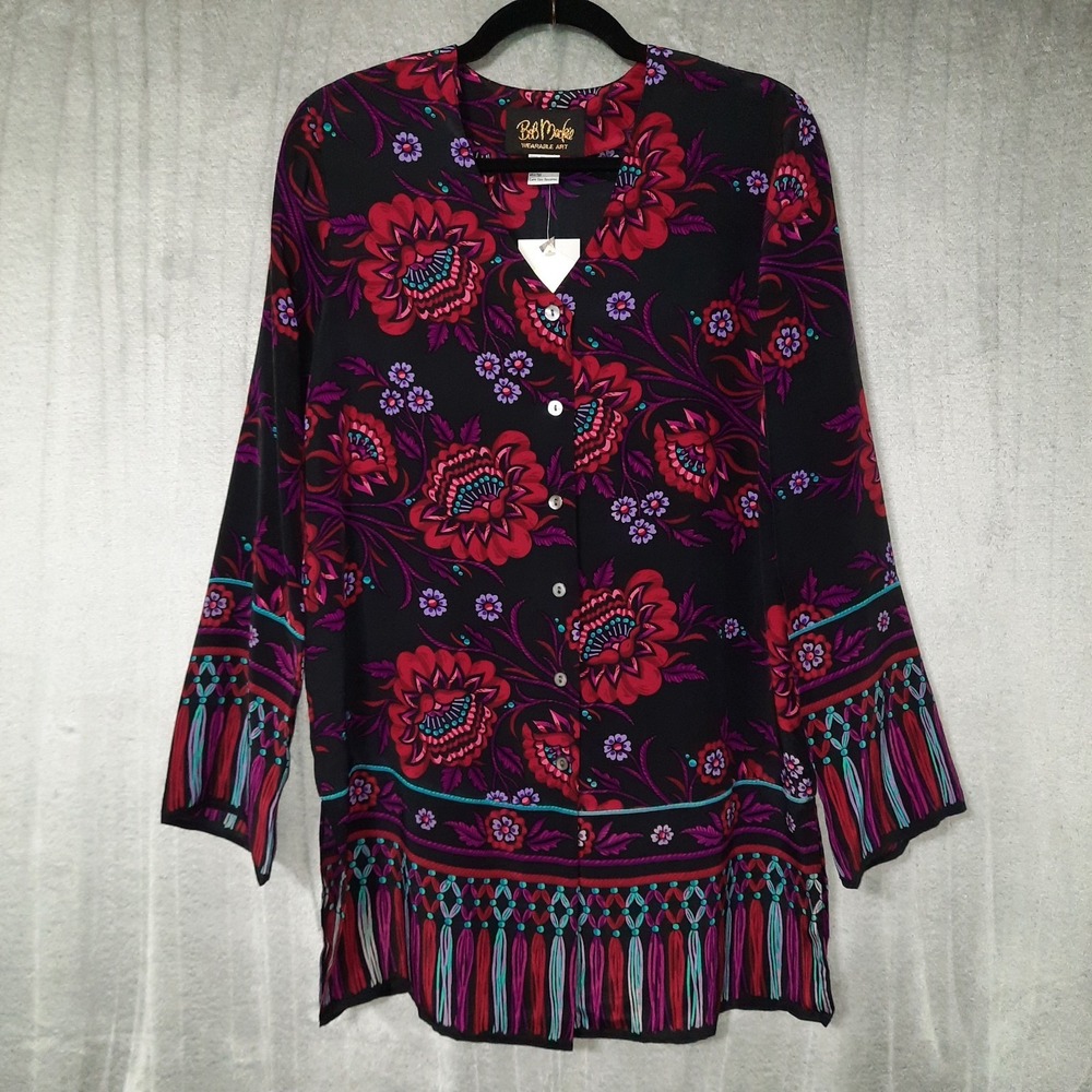 Bob Mackie Black Tunic with Red and Purple Floral Print